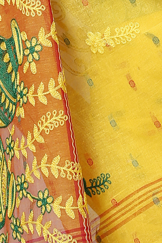 Yellow Red Pure Cotton Embi_Ganga_Buti Tant Embroidery (1001)